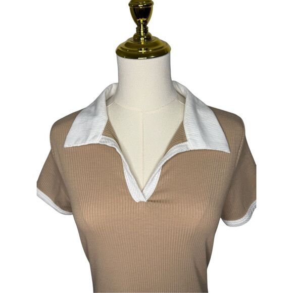 Livi by Olivia Rae Women’s Large Knit Midi Dress Tan Collared Ribbed Preppy NEW - Picture 2 of 6